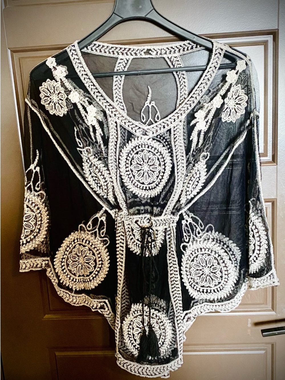 New Sheer Black Crochet Embroidered Top
